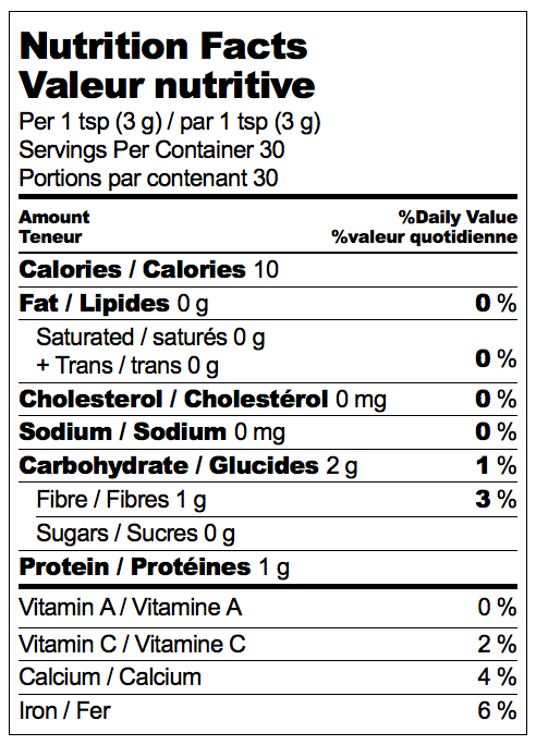 Nutritional Label for Adri Wellness Moringa powder