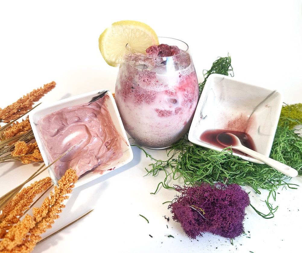 Adri Wellness' Hibiscus powder used for a cold milk latte, moisturizing face mask and hair oil