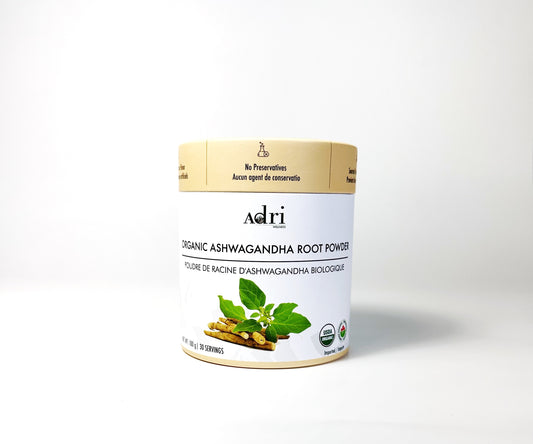 a 100gm sustainable printed paper tube packaging container of Adri Wellness organic Ashwagandha Root Powder