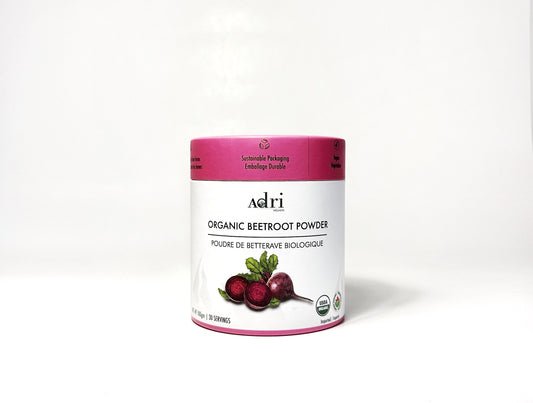 a 100gm sustainable printed paper tube packaging container of Adri Wellness organic Beetroot Powder