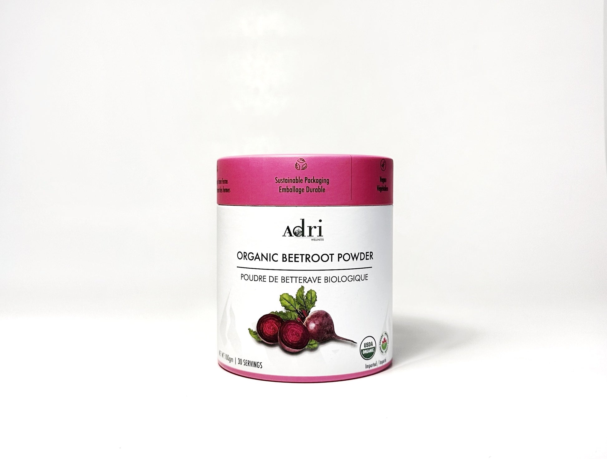 a 100gm sustainable printed paper tube packaging container of Adri Wellness organic Beetroot Powder