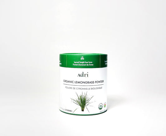a 100gm sustainable printed paper tube packaging container of Adri Wellness organic Lemongrass Powder