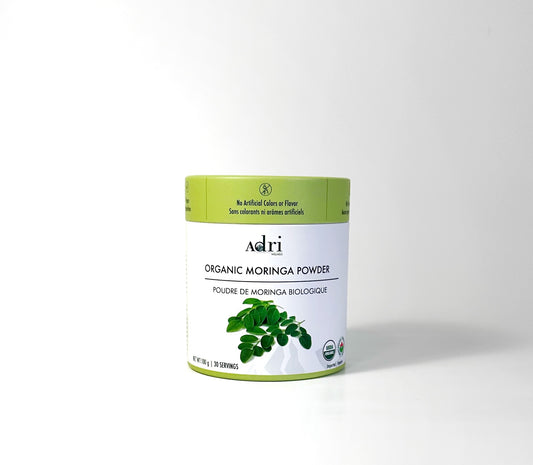 a 100gm sustainable printed paper tube packaging container of Adri Wellness organic Moringa Powder