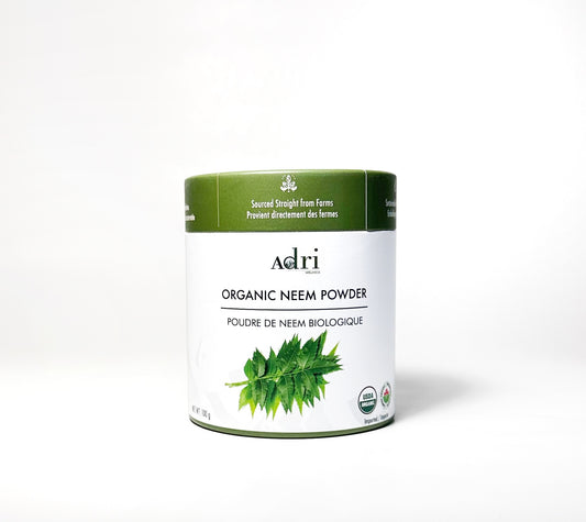 a 100gm sustainable printed paper tube packaging container of Adri Wellness organic Neem Powder