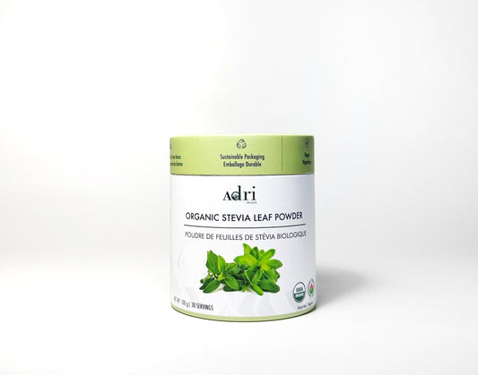 a 100gm sustainable printed paper tube packaging container of Adri Wellness organic Stevia Leaf Powder