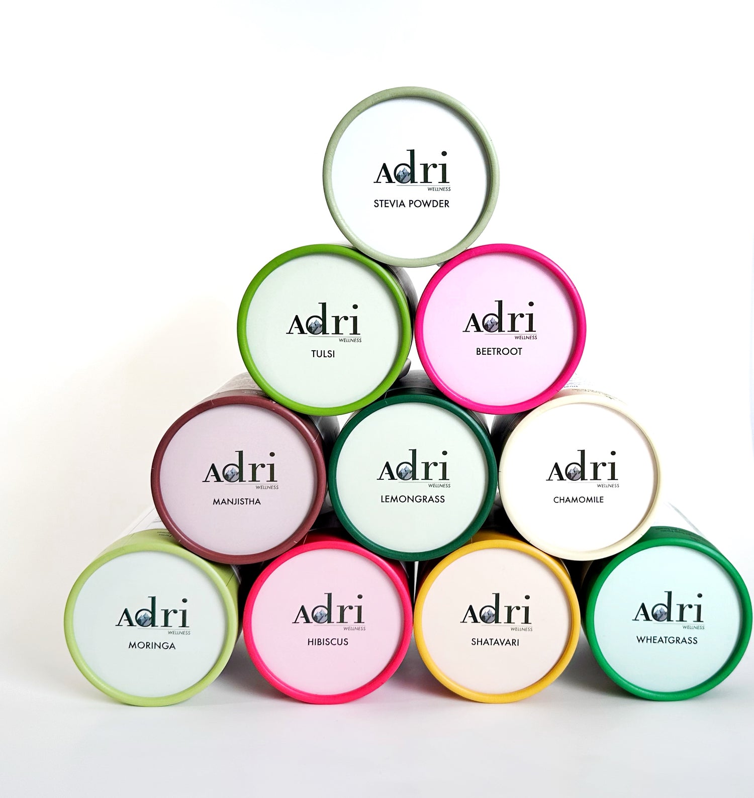 a pyramid consisting of Adri Wellness herbal powders