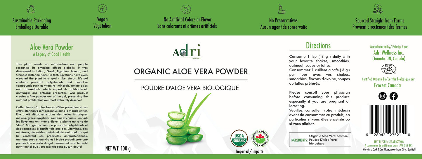 Full Packaging Label of Adri Wellness' Organic Aloe Vera Powder