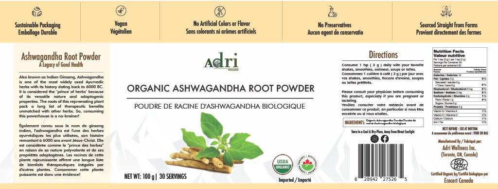 Full Packaging Label of Adri Wellness' Organic Ashwagandha Root Powder