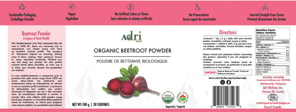 Full Packaging Label of Adri Wellness' Organic Beetroot Powder