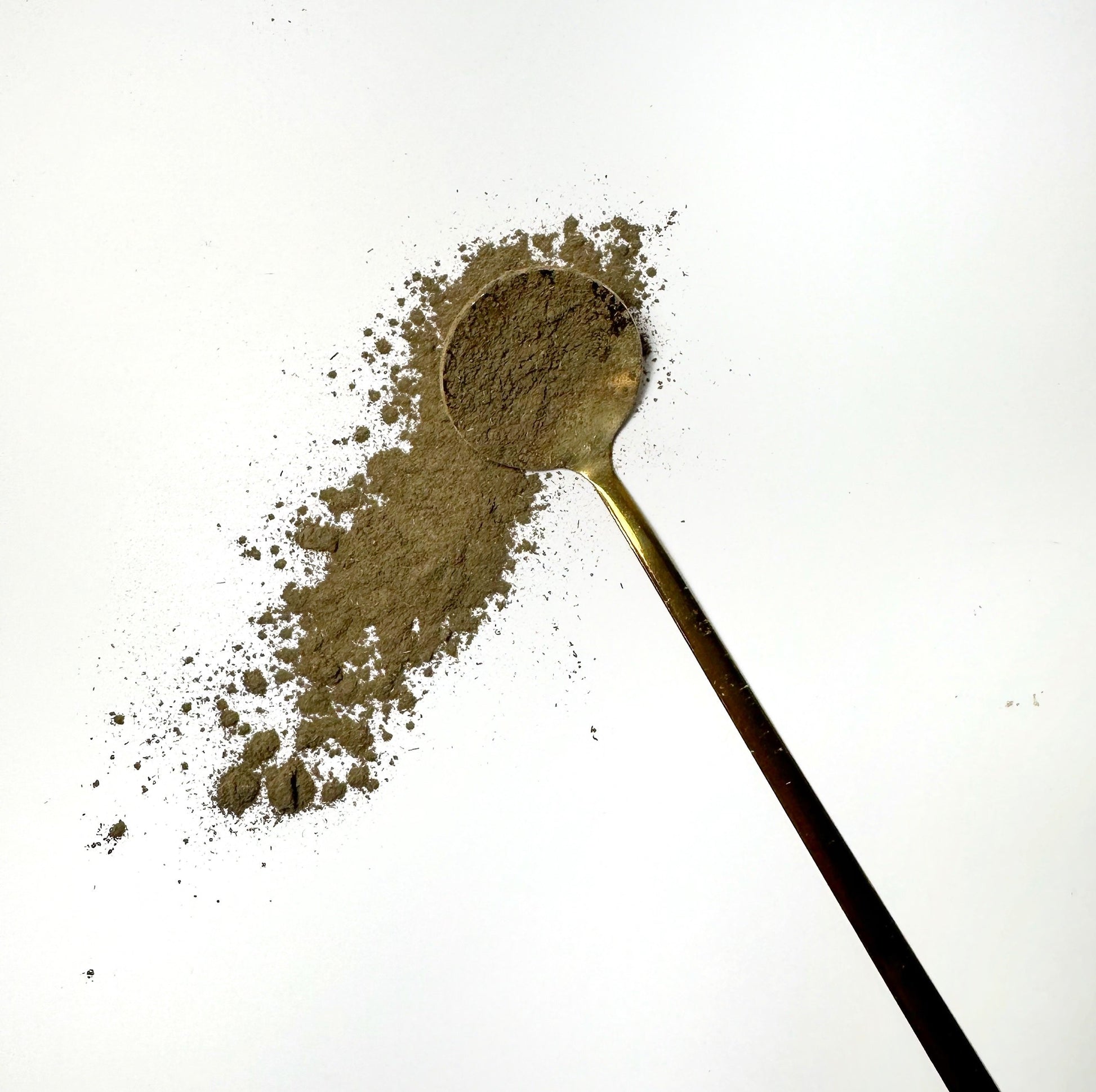 Adri Wellness's fine organic Bhringraj (False Daisy) powder scattered on a white surface with a golden spoon
