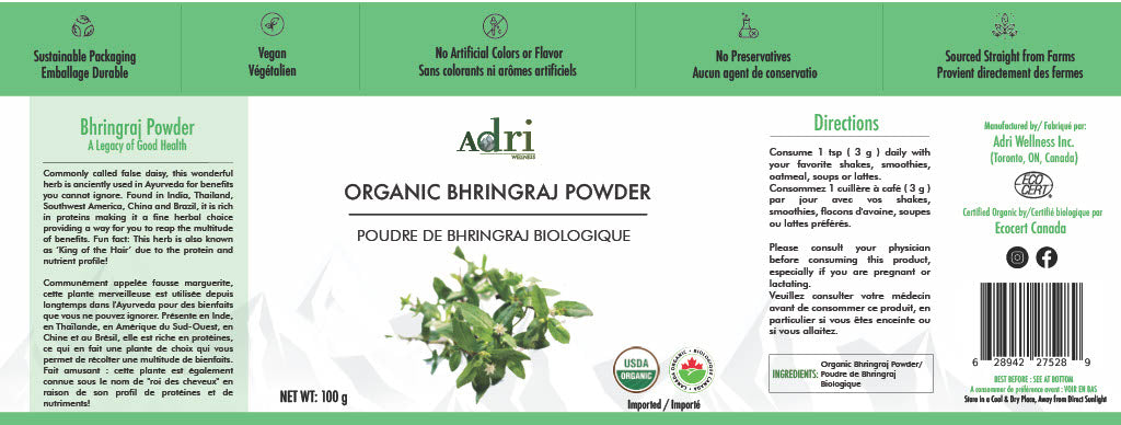 Full Packaging Label of Adri Wellness' Organic Bhringraj (False Daisy) Powder