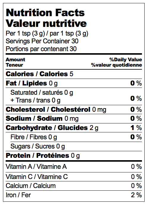 Nutritional Label for Adri Wellness Chamomile powder