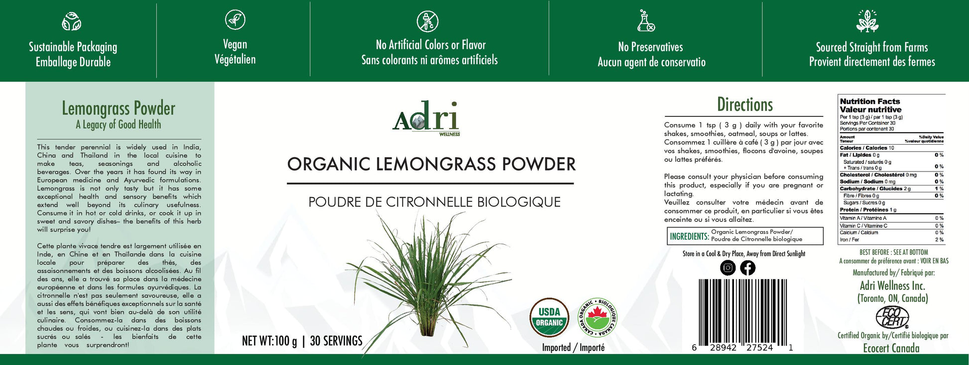 Full Packaging Label of Adri Wellness' Organic Lemongrass Powder