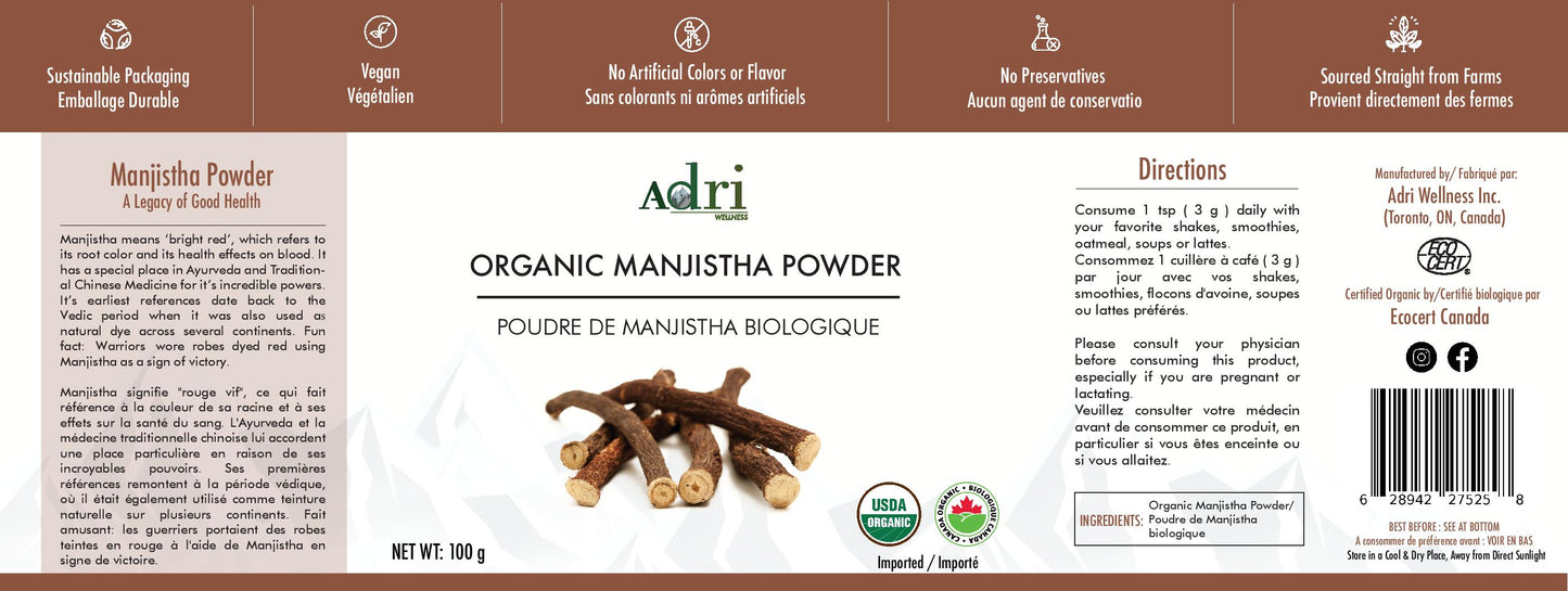 Full Packaging Label of Adri Wellness' Organic Manjistha (Rubia Cordofolia) Powder
