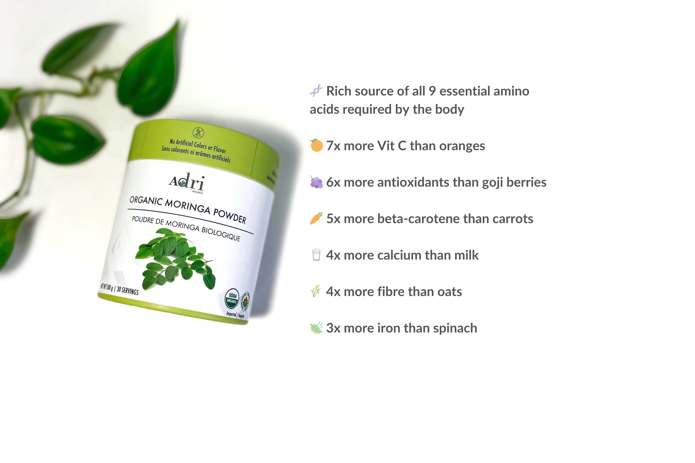 image shows Adri Wellness' 100 gm Organic Moringa powder with its amazing nutritional facts 