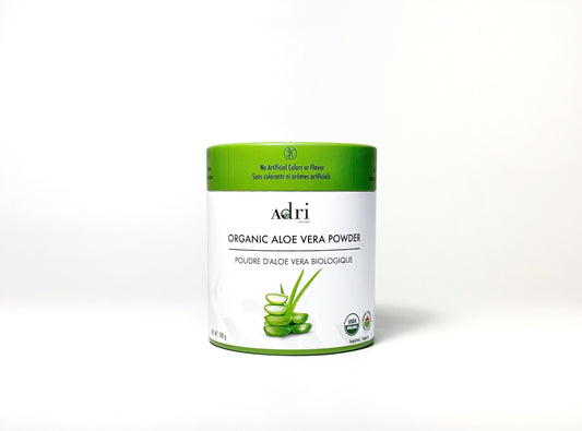 a 100 gm packaging of Adri Wellness' Organic Aloe Vera Powder