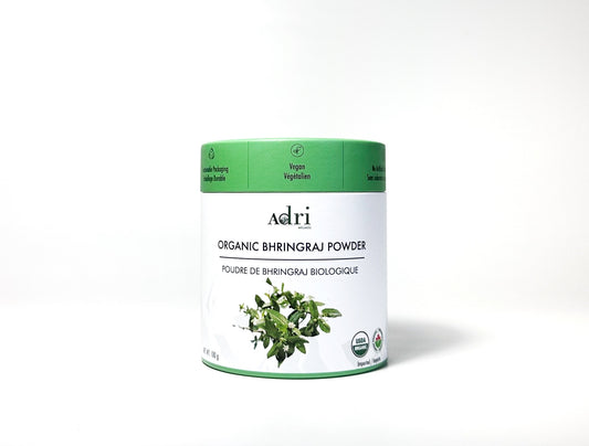 a 100 gm packaging of Adri Wellness' Organic Bhringraj (False Daisy) Powder