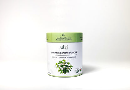 a 100 gm packaging of Adri Wellness' Organic Brahmi Powder