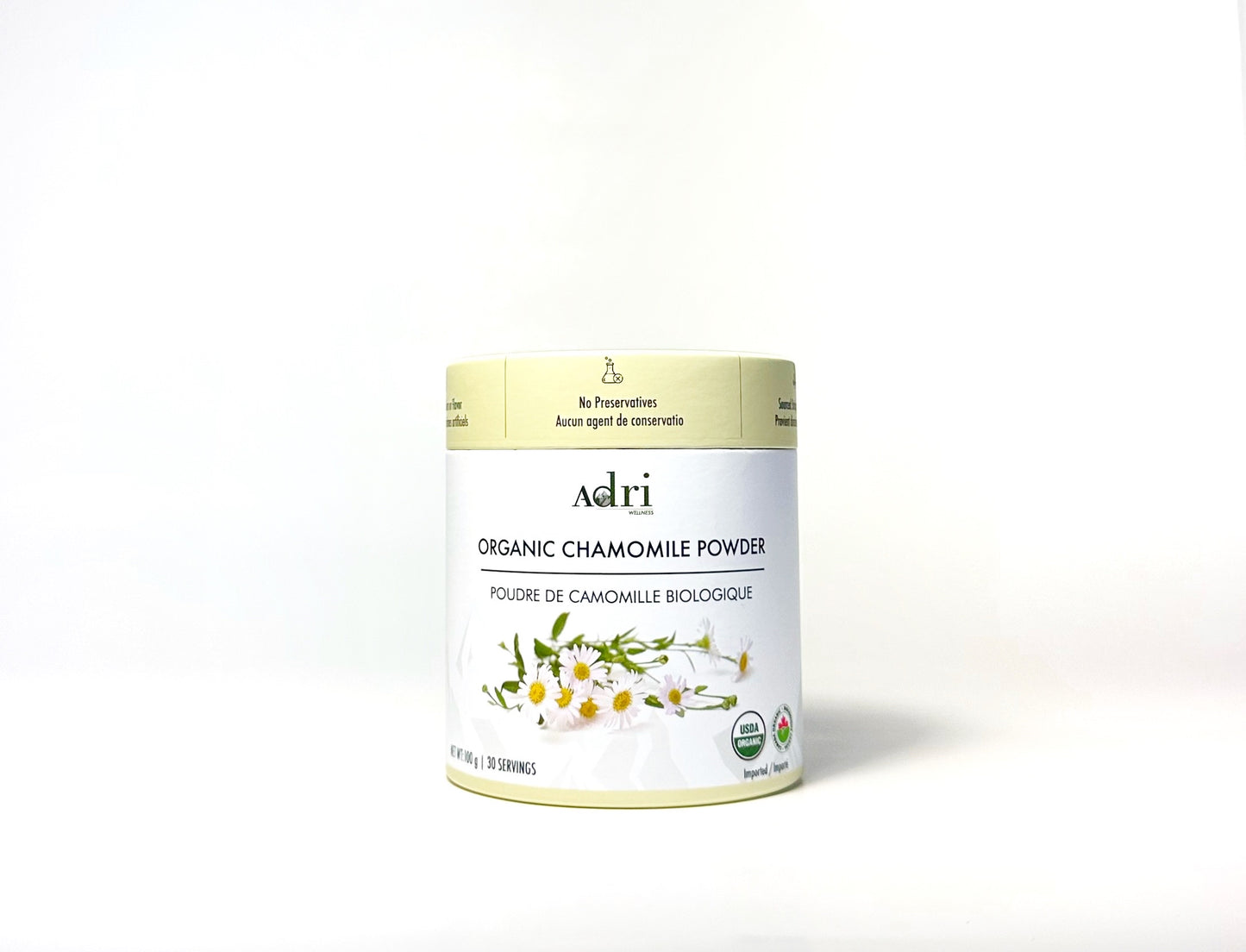 a 100 gm packaging of Adri Wellness' Organic Chamomile Powder