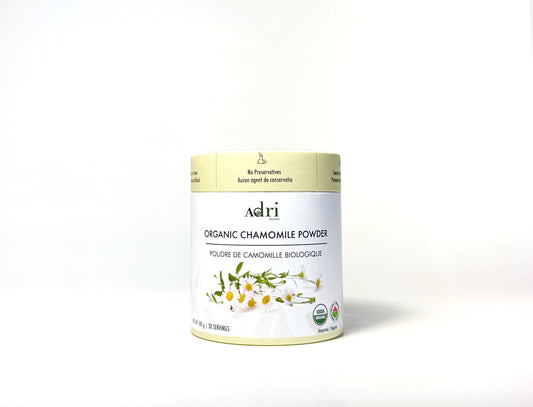 a 100 gm packaging of Adri Wellness' Organic Chamomile Powder