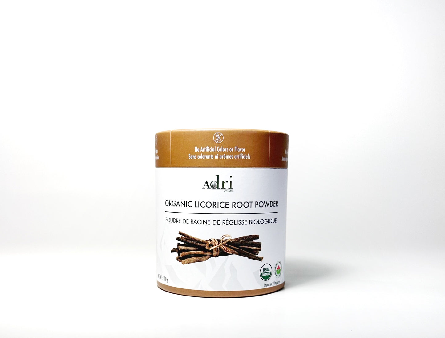a 100 gm packaging of Adri Wellness' Organic Licorice Root Powder