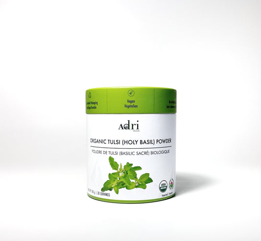 a 100 gm packaging of Adri Wellness' Organic Tulsi (Holy Basil) Powder