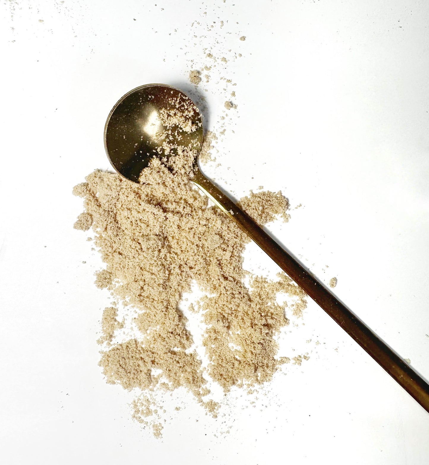 Adri Wellness's fine organic Shatavari powder scattered on a white surface with a golden spoon