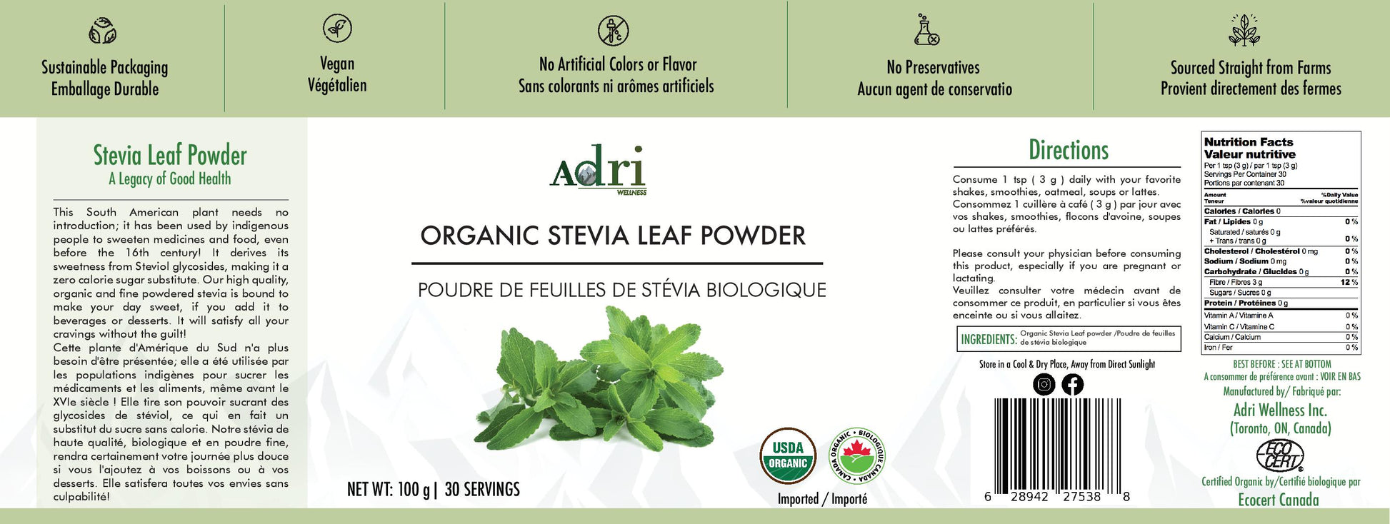 Full Packaging Label of Adri Wellness' Organic Stevia Leaves Powder