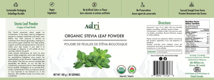 Full Packaging Label of Adri Wellness' Organic Stevia Leaves Powder