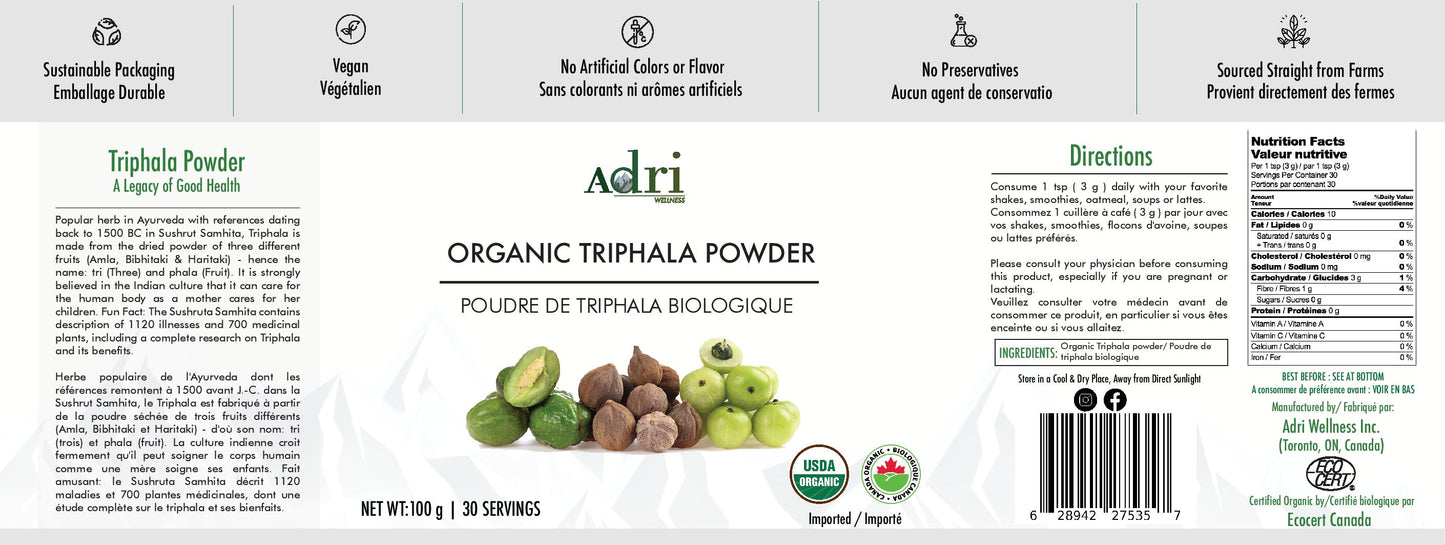 Full Packaging Label of Adri Wellness' Organic Triphala Powder