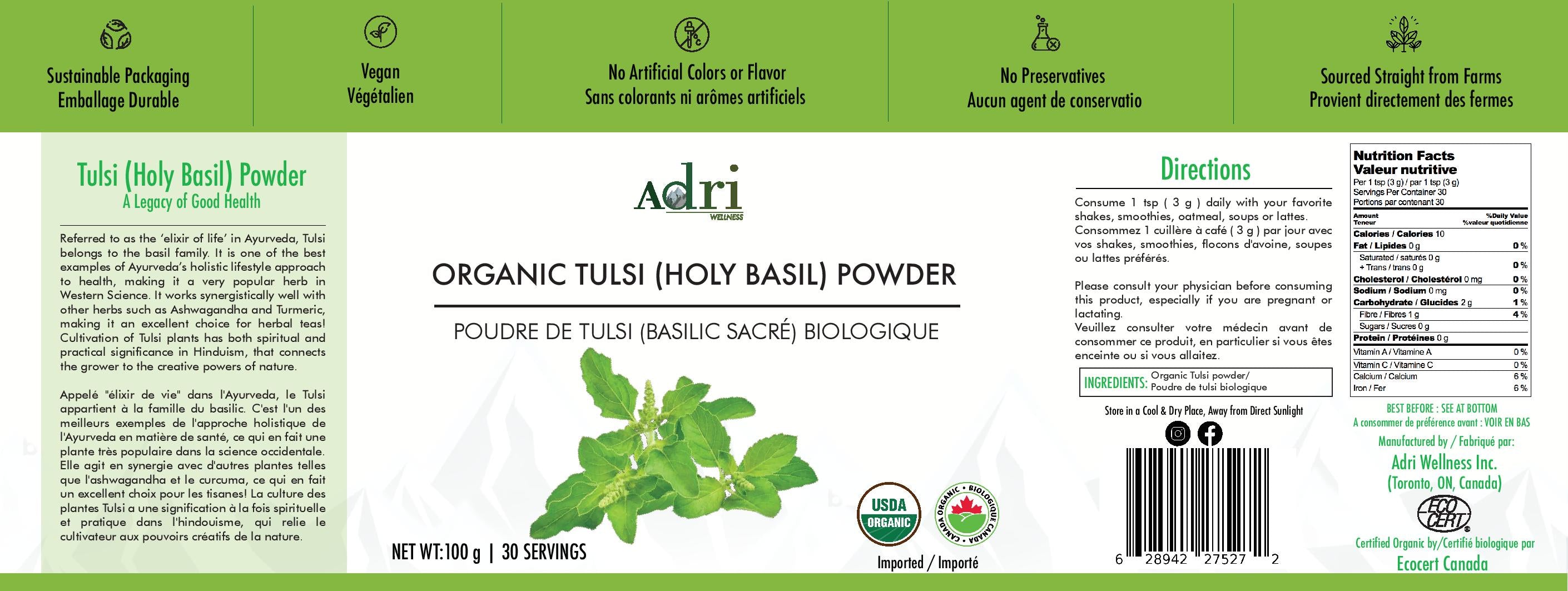 Organic Tulsi Holy Basil Powder Adri Wellness