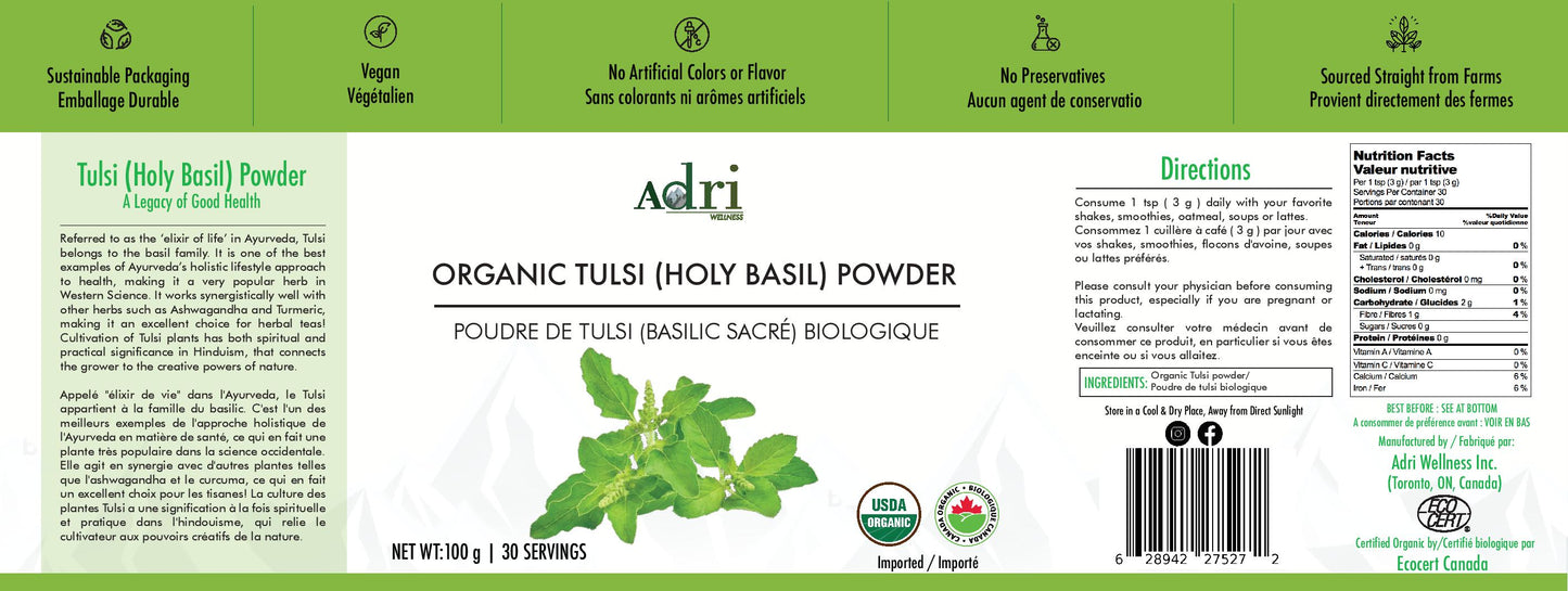 Full Packaging Label of Adri Wellness' Organic Tulsi (Holy basil) Powder