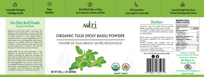 Full Packaging Label of Adri Wellness' Organic Tulsi (Holy basil) Powder