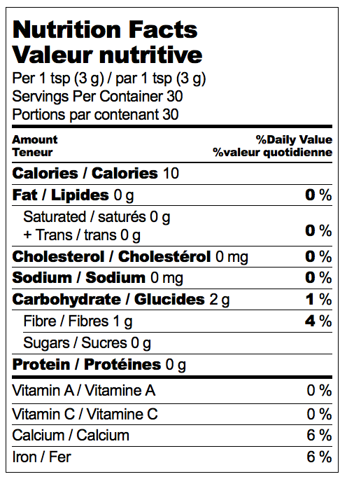 Nutritional Label for Adri Wellness Tulsi (Holy Basil) powder