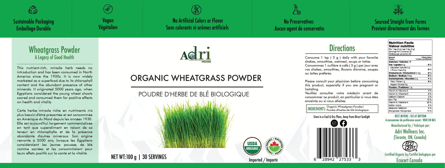 Full Packaging Label of Adri Wellness' Organic Wheatgrass Powder