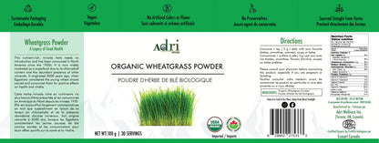 Full Packaging Label of Adri Wellness' Organic Wheatgrass Powder