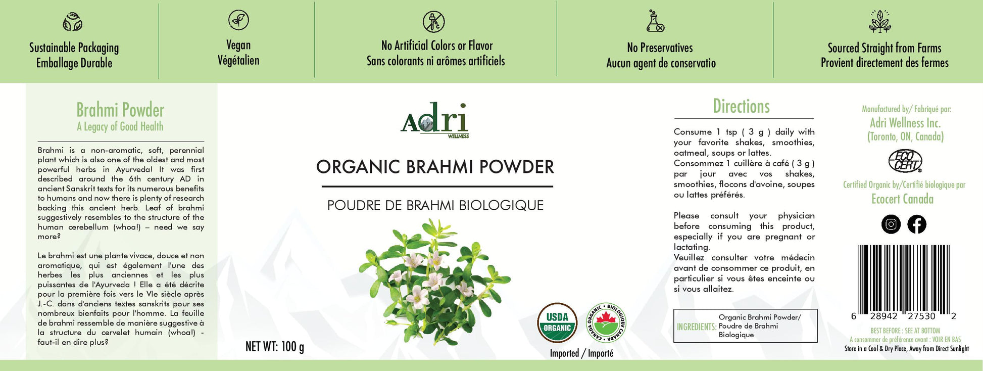 Full Packaging Label of Adri Wellness' Organic Brahmi Powder