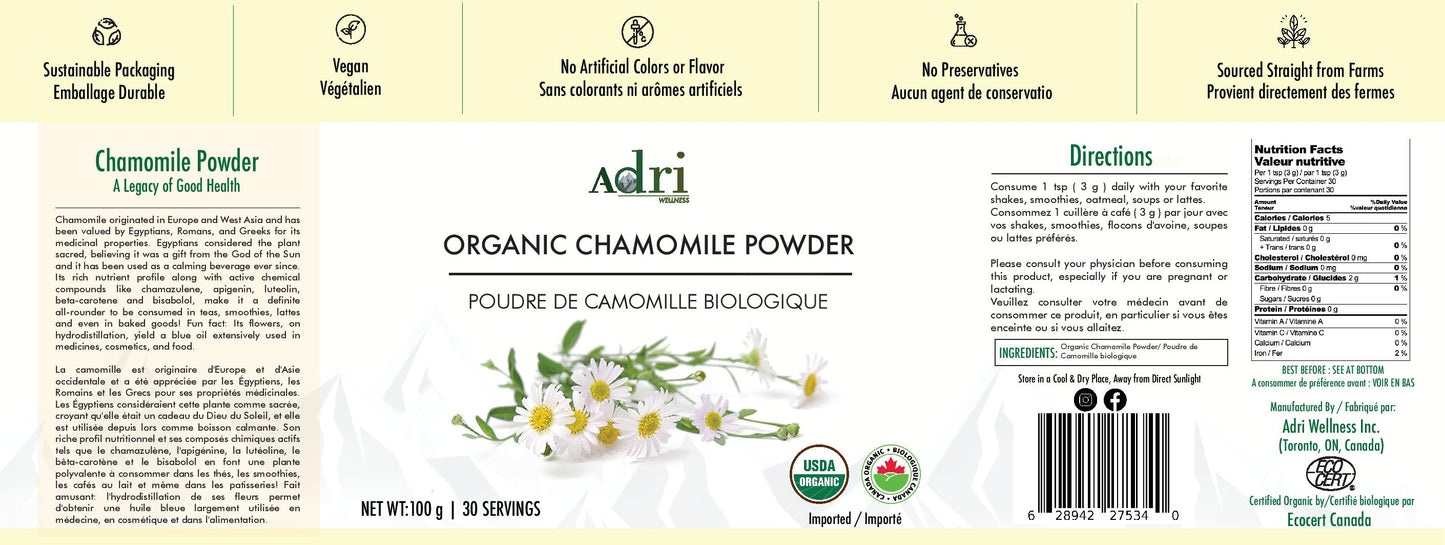 Full Packaging Label of Adri Wellness' Organic Chamomile Powder