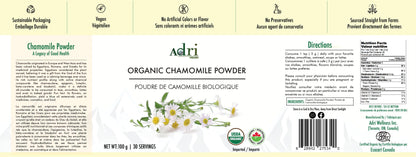 Full Packaging Label of Adri Wellness' Organic Chamomile Powder