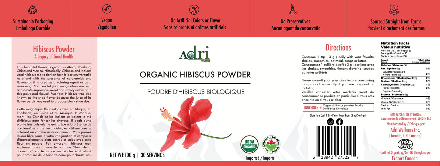 Full Packaging Label of Adri Wellness' Organic Hibiscus Powder