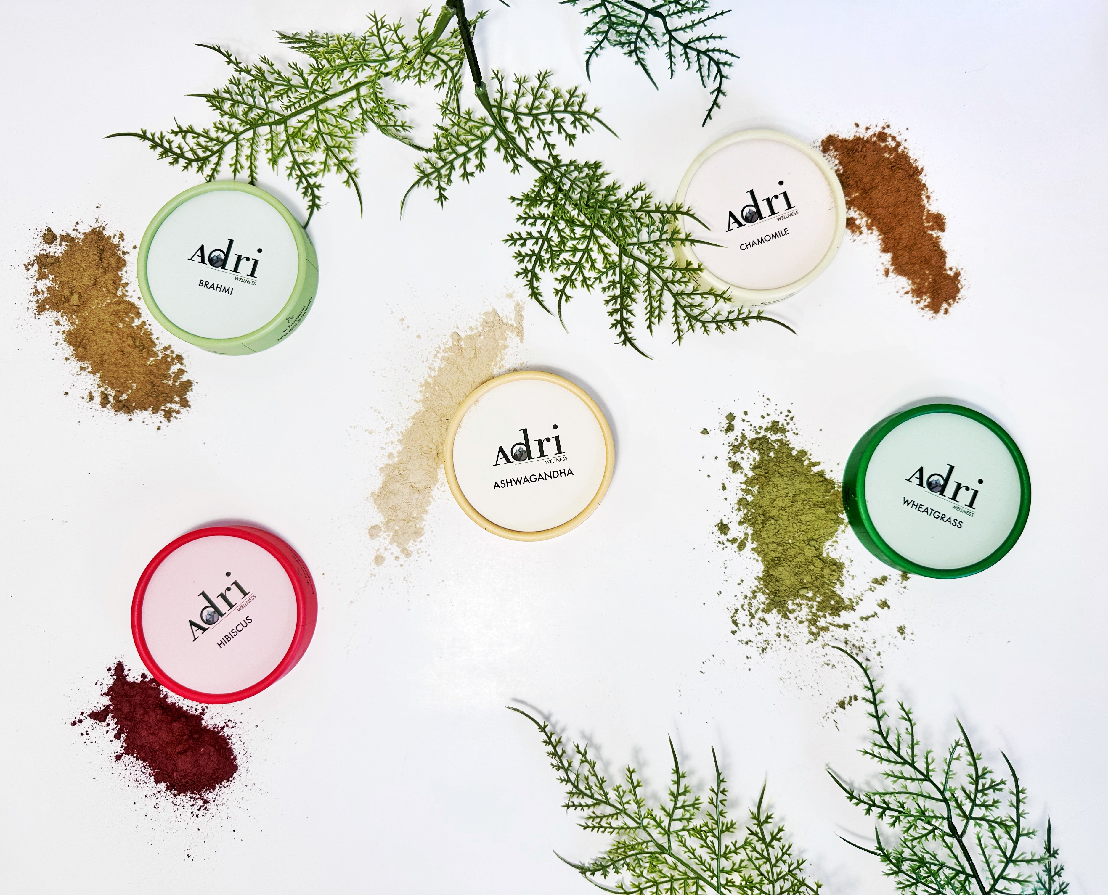 container lids of Adri Wellness' Brahmi Hibiscus Ashwagandha Wheatgrass and Chamomile Powders wth faux leaves on a white surface