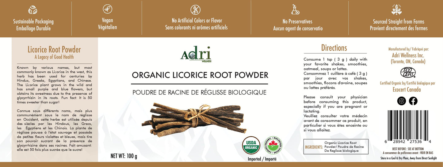 Full Packaging Label of Adri Wellness' Organic Licorice Root Powder