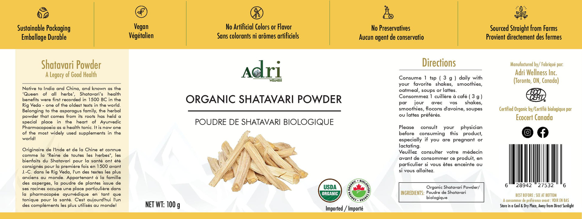 Full Packaging Label of Adri Wellness' Organic Shatavari Powder