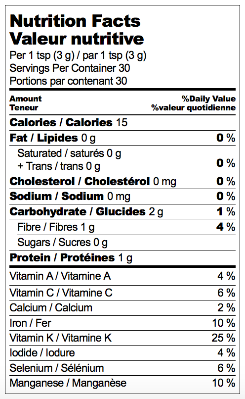 Nutritional Label for Adri Wellness wheatgrass powder